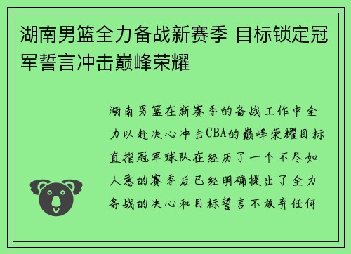 湖南男篮全力备战新赛季 目标锁定冠军誓言冲击巅峰荣耀